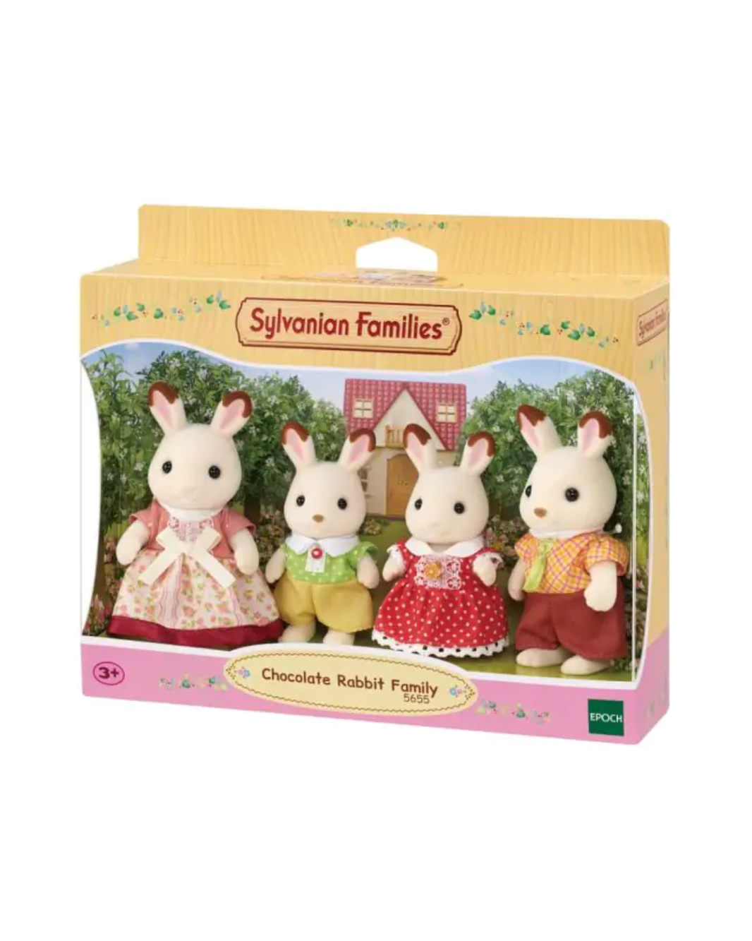 Sylvanian Families Chocolate Rabbit Family Set 4 toy set in its original packaging, featuring four rabbit figures dressed in colorful clothing against a white background.