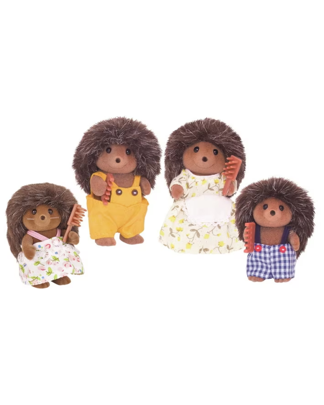 Four small hedgehog toy figures with brown faux-hedgehog bodies and dark brown faces, each wearing a different dress or outfit, shown on a plain white background.