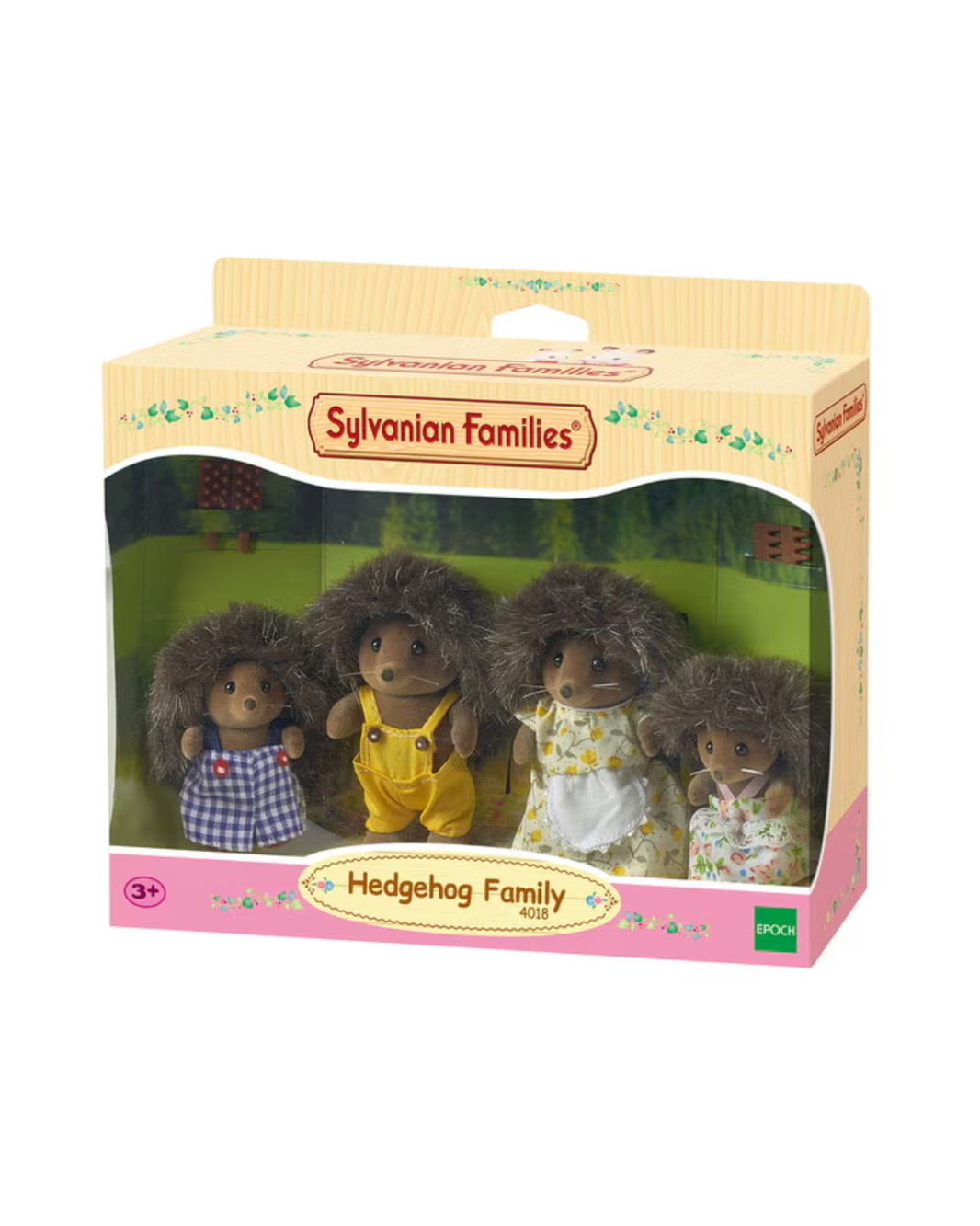 Sylvanian Families Hedgehog Family 4-piece toy set in its original packaging, featuring four hedgehog figures in colorful clothing.