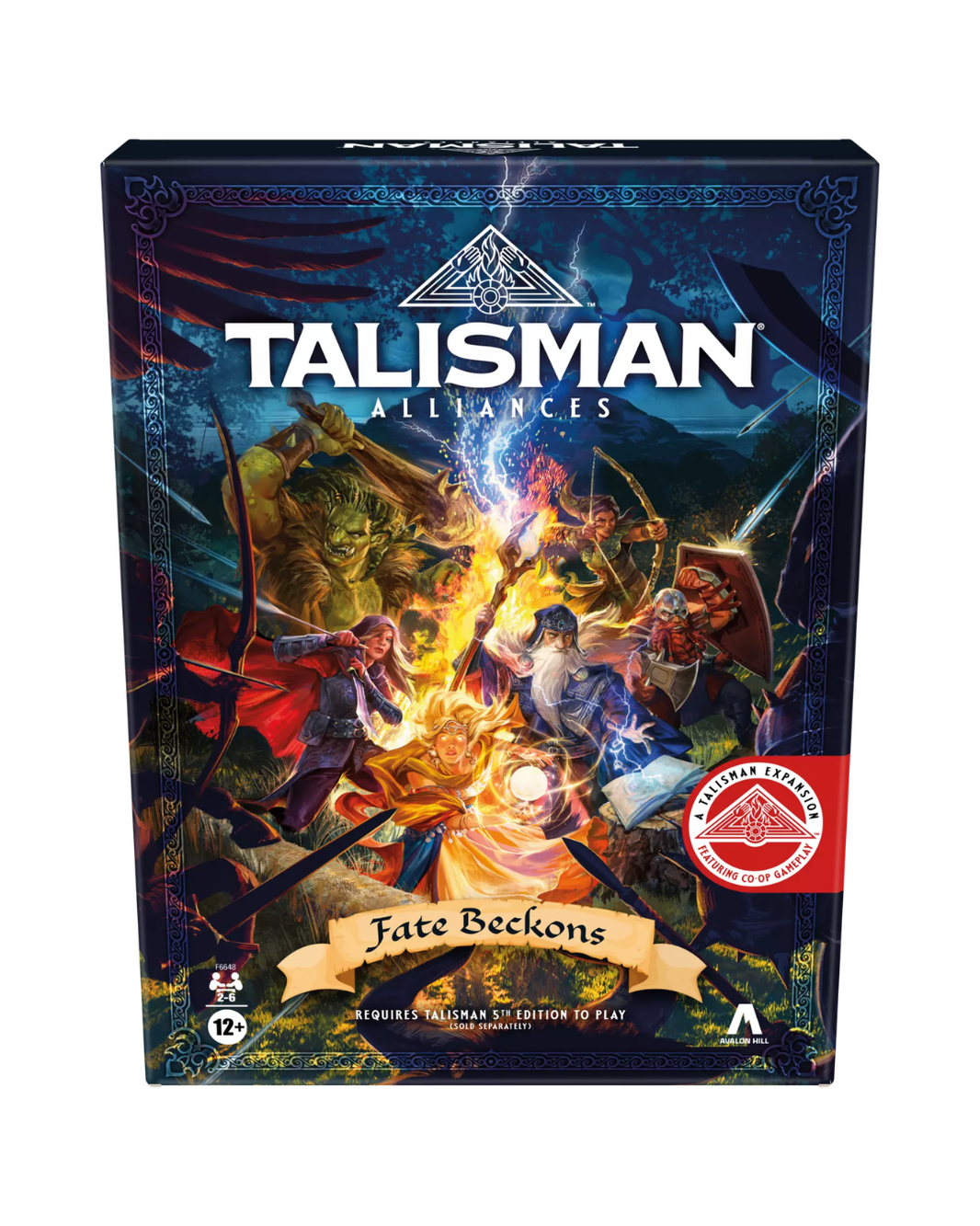 Talisman Allies Fate Beekons board game box, featuring fantasy artwork of adventurers with a fiery central scene, on a plain white background.