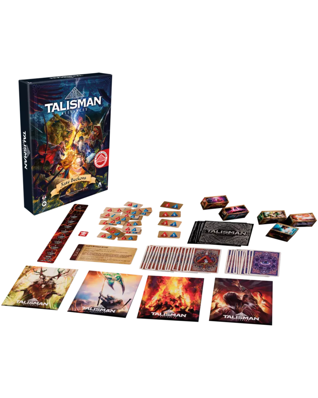 Talisman board game set displayed on a white background, showing the main box, cards, tokens, dice, and illustrated playmat pieces.