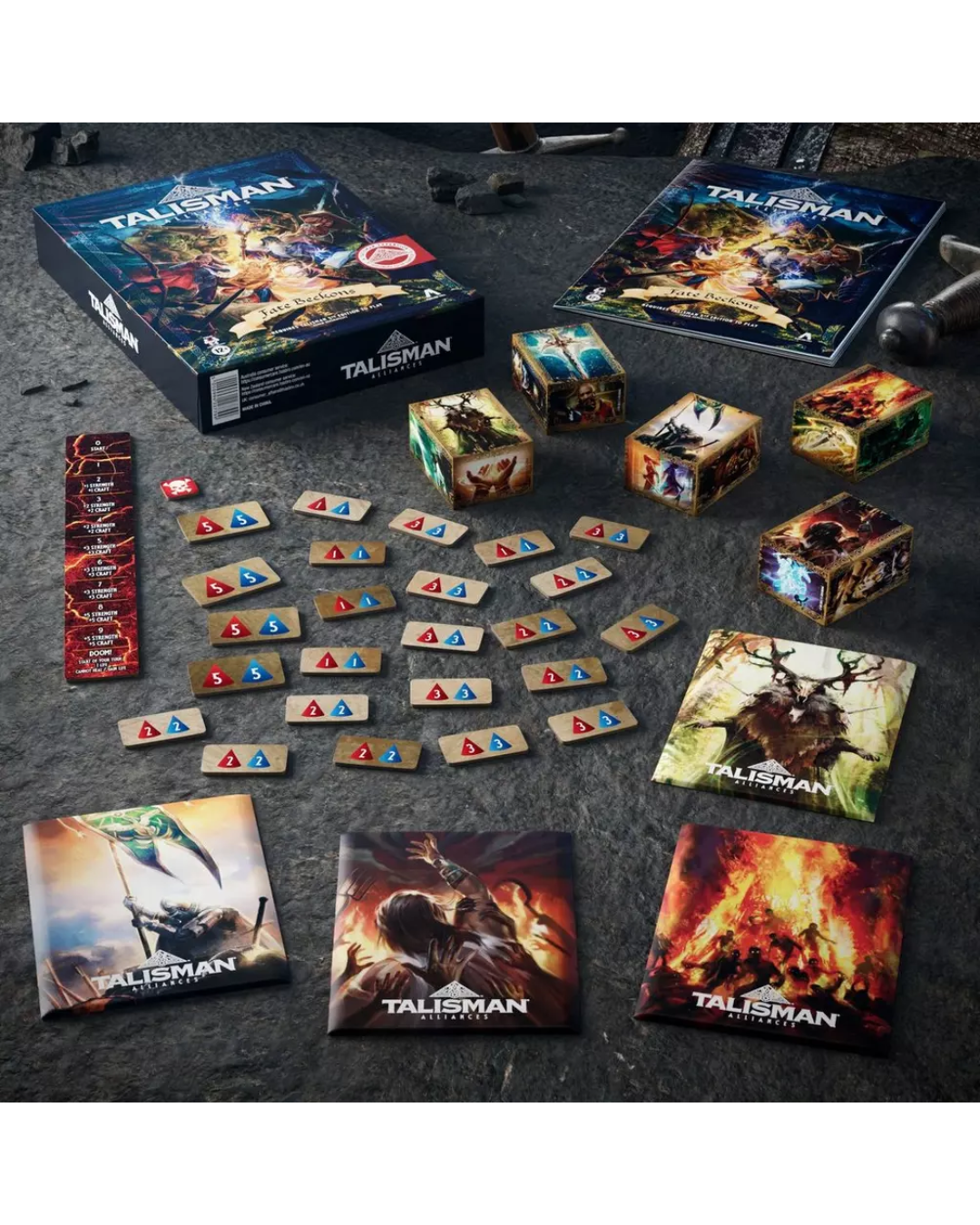 Talisman board game set displayed on a dark textured surface, showing the main box, game board, player cards, dice, tokens, character tiles, and three album-art style cover pieces.