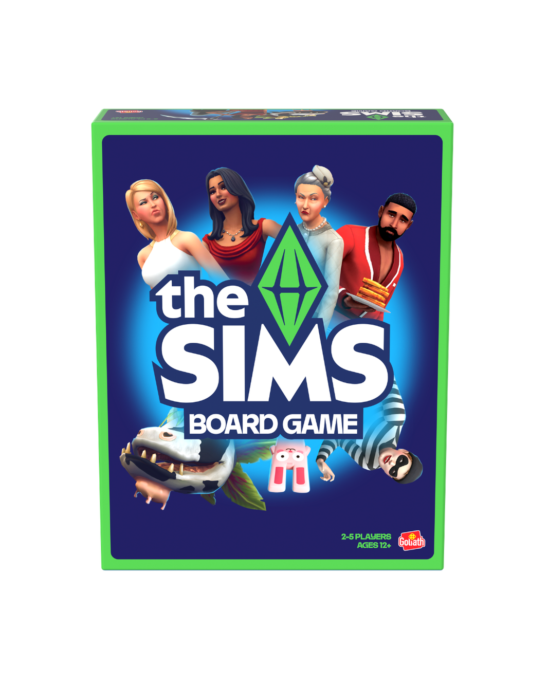 The Sims Board Game box on a plain white background. The box features a dark blue front with the game's title in large white letters, a green Sim icon, and illustrated characters and objects.