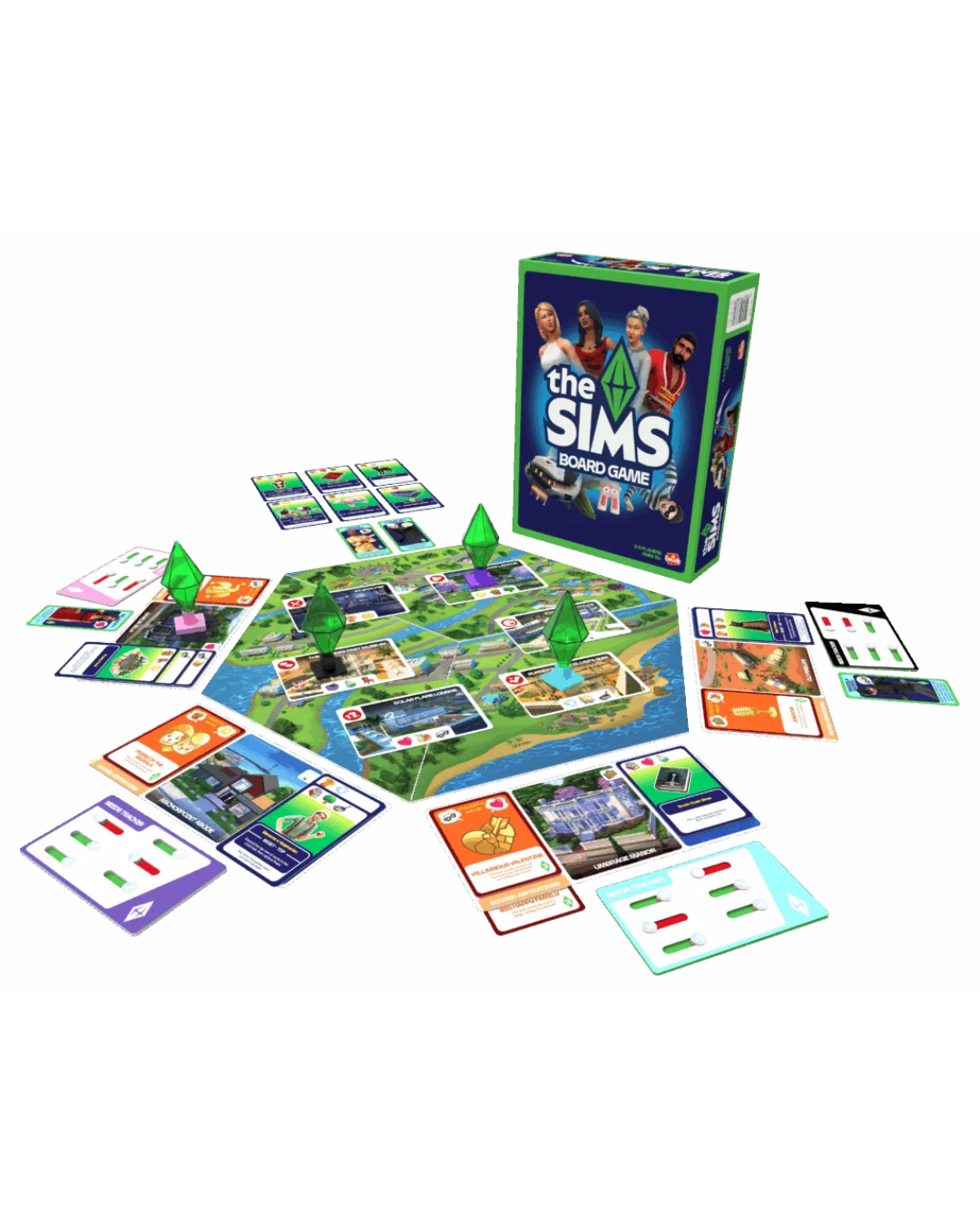 The Sims board game set displayed on a white background, including the main game board, the product box, and multiple cards and tokens arranged around it.