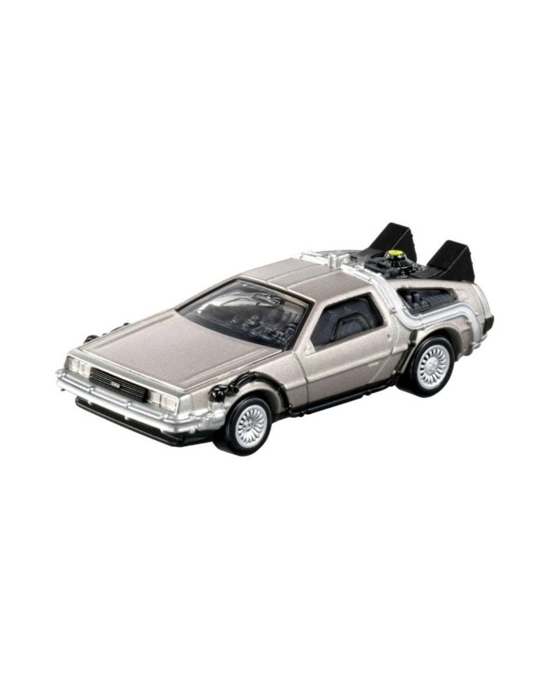 Tomica Premium  No. (11) Back to the Future Part II Time Machine car , featuring a silver detailed car exterior. 