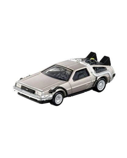 Tomica Premium  No. (11) Back to the Future Part II Time Machine car , featuring a silver detailed car exterior. 