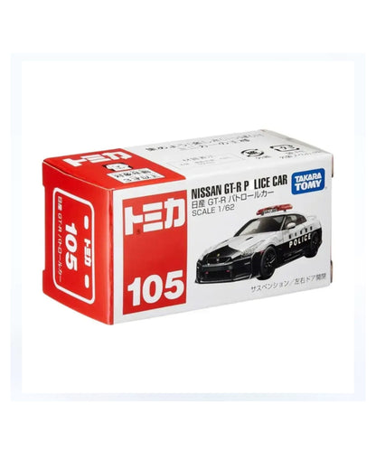 Tomica Toy Cars boxed Nissan GT-R Police Car scale 1/62, No. (105), shown in its red and white retail packaging with a photo of the toy car on the front.