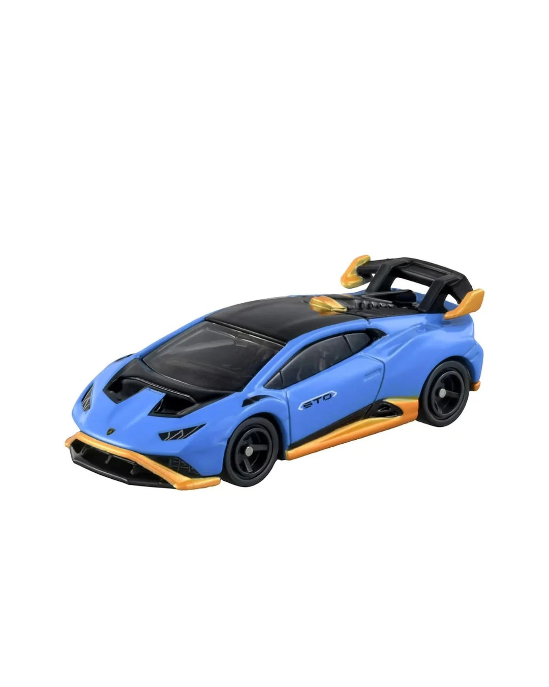 Tomica Lamborghini Huracan No. (11) blue car model with black and orange accents, shown from a three-quarters front angle on a plain white background.