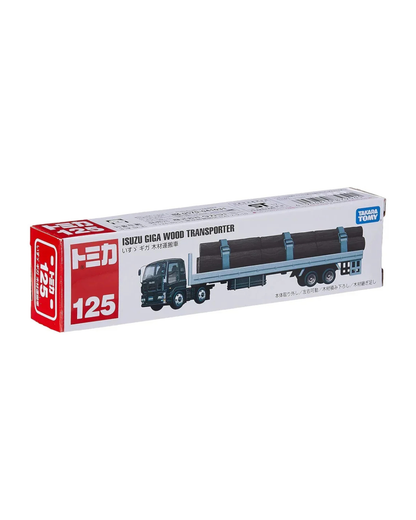 Tomica Isuzu Giga Wood Transport Truck in its original retail packaging, featuring product number 125, situated on a white background 
