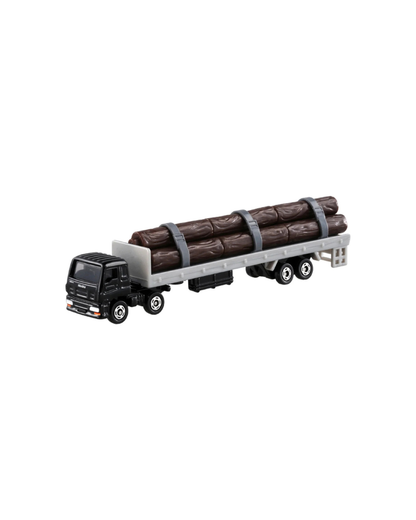 Tomica Isuzu Giga Wood Transport Truck in out of its retail packaging, featuring a black truck, with wooden cargo strapped to the back. 