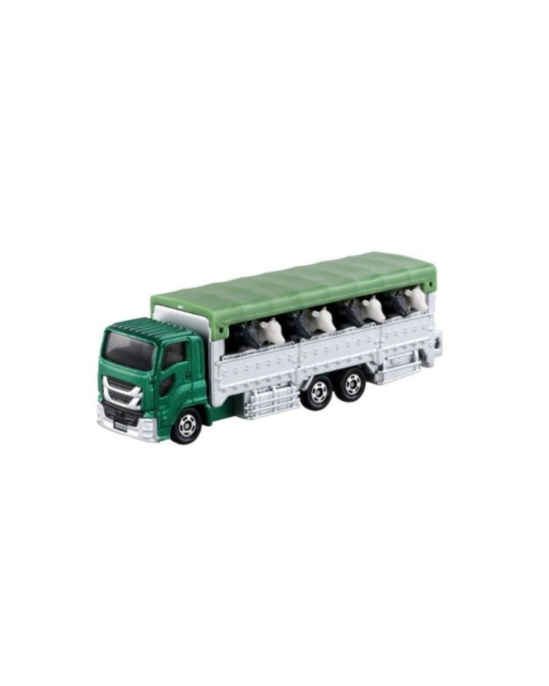 Tomica Cattle Transport Truck in out of its retail packaging, featuring a brown truck, with several cows inside a carrier. 