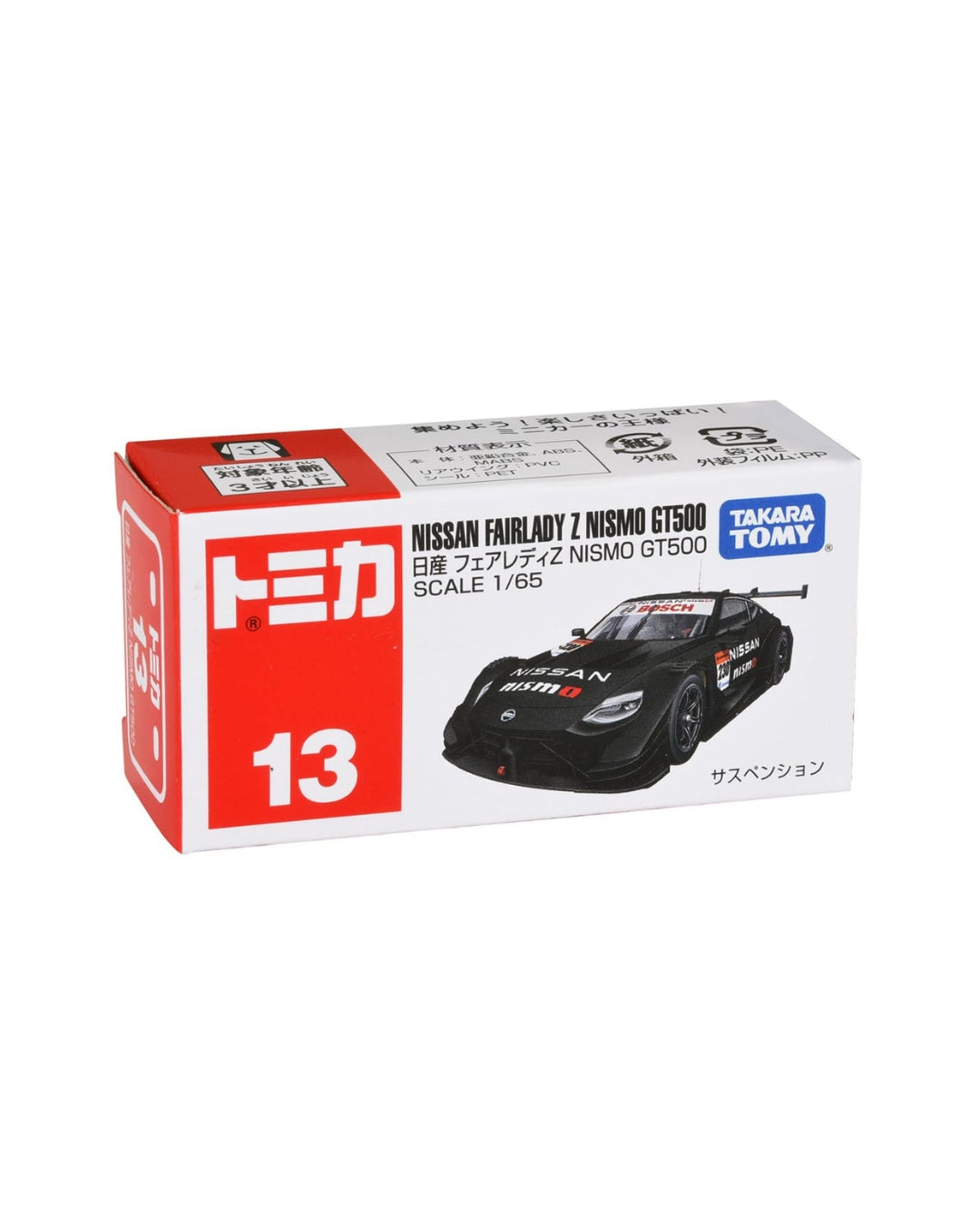 Tomica Takara Tomy Nissan Fairlady Z Nismo GT500 scale model car box, number 13, featuring a black race car with red and white details on a white and red package.