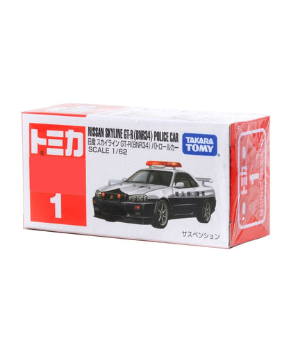 Tomica Premium Nissan Skyline GT_BNR34 No. (1) Police Car in its original retail packaging, featuring a Police car design, with bilingual language of English and Japanese. 