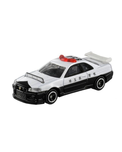 Tomica Premium Nissan Skyline GT_BNR34 No. (1) Police Car featuring a black and white police car, with Japanese written on the car's exterior. 