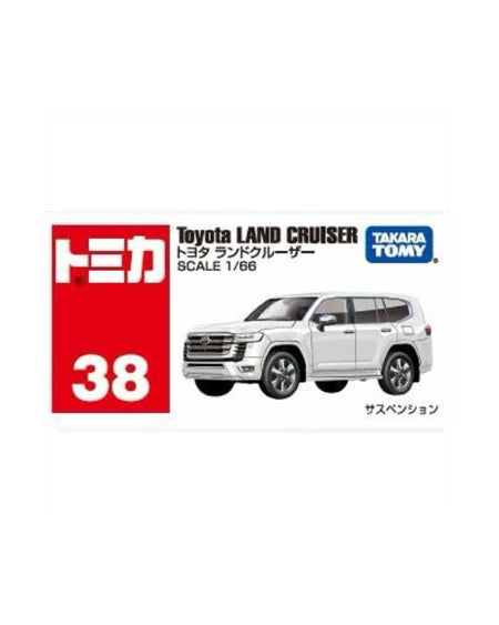 Tomica Tamiya 1:66 scale model car packaging for a No. (38) Toyota Land Cruiser, featuring a white SUV illustration and Japanese text on a white background.