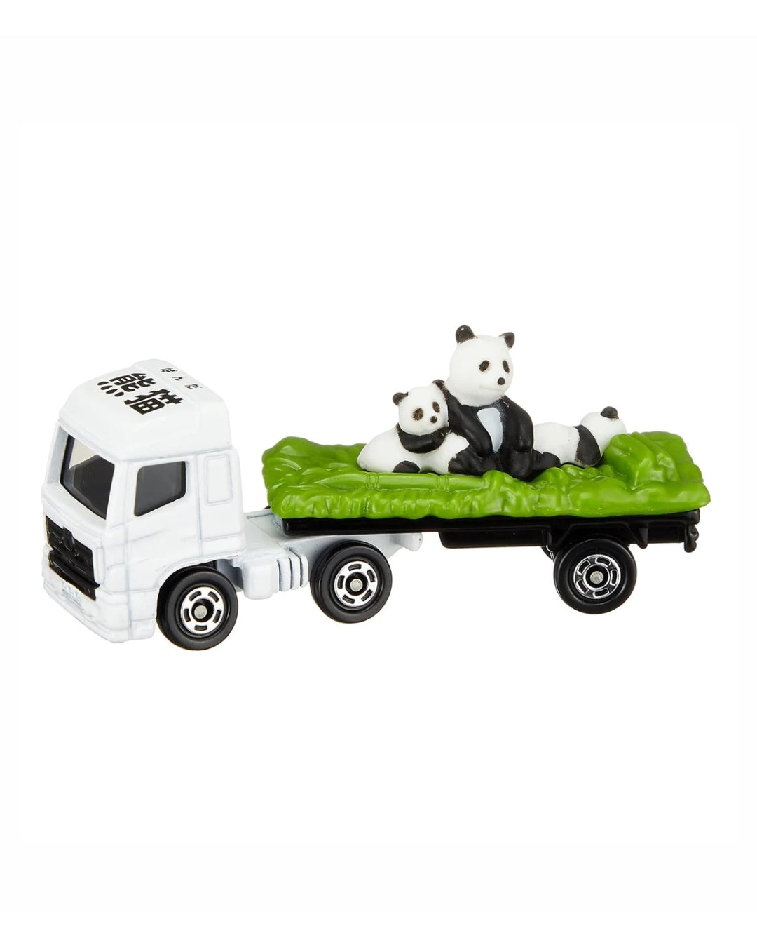 TOMICA Animal Transporter No. (3) toy box featuring a white box truck carrying pandas on a green flatbed, shown on a plain white background.