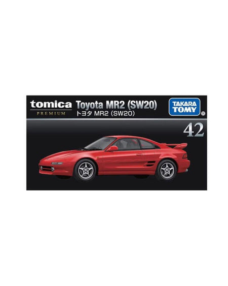 Tomica Premium Takara Tomy model kit box for a red Toyota MR2 (SW20), No. (42), featuring a side-profile illustration of the red car on a black background.
