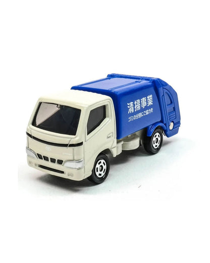 Tomica Premium Toyota Dyna Refuse Truck  featuring a  blue Dyna Refuse Truck No. (45) with Japanese writing on the rear of thr truck. 