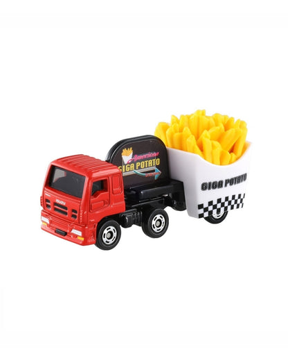 A Tomica Isuzu Giga Fried Potato Car model car box No. (55), toy red pickup truck carrying a white trailer filled with yellow french fries. The trailer has 'GIGA POTATO' printed on it with a black-and-white checkered stripe at the bottom.