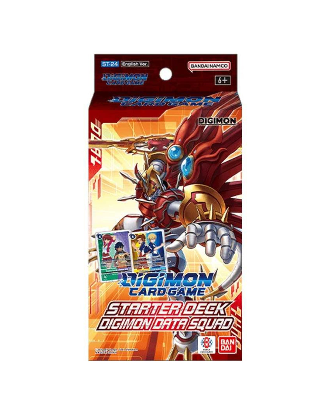 Digimon Card Game Starter Deck: Digimon Data Squad set packaging, featuring a red and gold robotic dragon illustration on a white background.