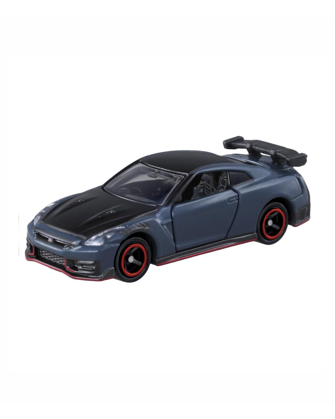 Tomica No. (60) Nissan GT-R Nismo 1:62 scale model kit, featuring the front of a dark gray car illustrated with black accents  on a white background.