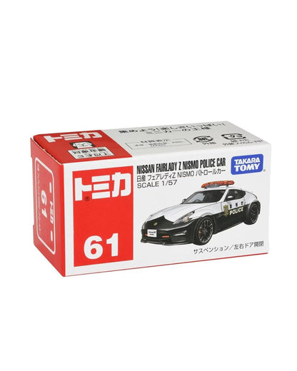 TOMICA No. (61) Nissan Fairlady Z Nismo Police oy car box by Takara TOMY, featuring a red and white package with an illustration of the black and white police car.