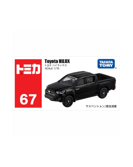 Tomica Toy Cars Takara Tomy Toyota Hilux 1:70 scale model car, No. (67), shown in a black cabriolet version on its product packaging card.