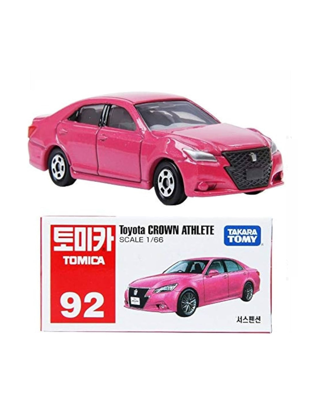 A pink No. (92) Tomica Toyota Crown Athlete scale 1:66 diecast model car shown above its original packaging box on a plain white background.