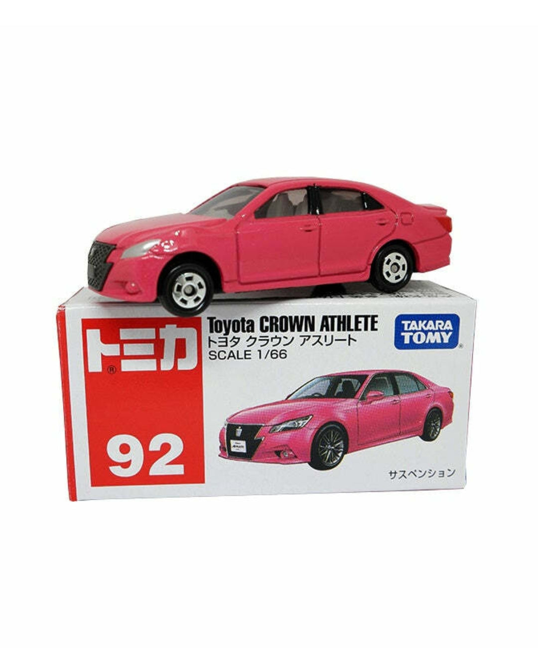 A pink No. (92) Tomica Toyota Crown Athlete scale 1:66 diecast model car shown above its original packaging box on a plain white background.