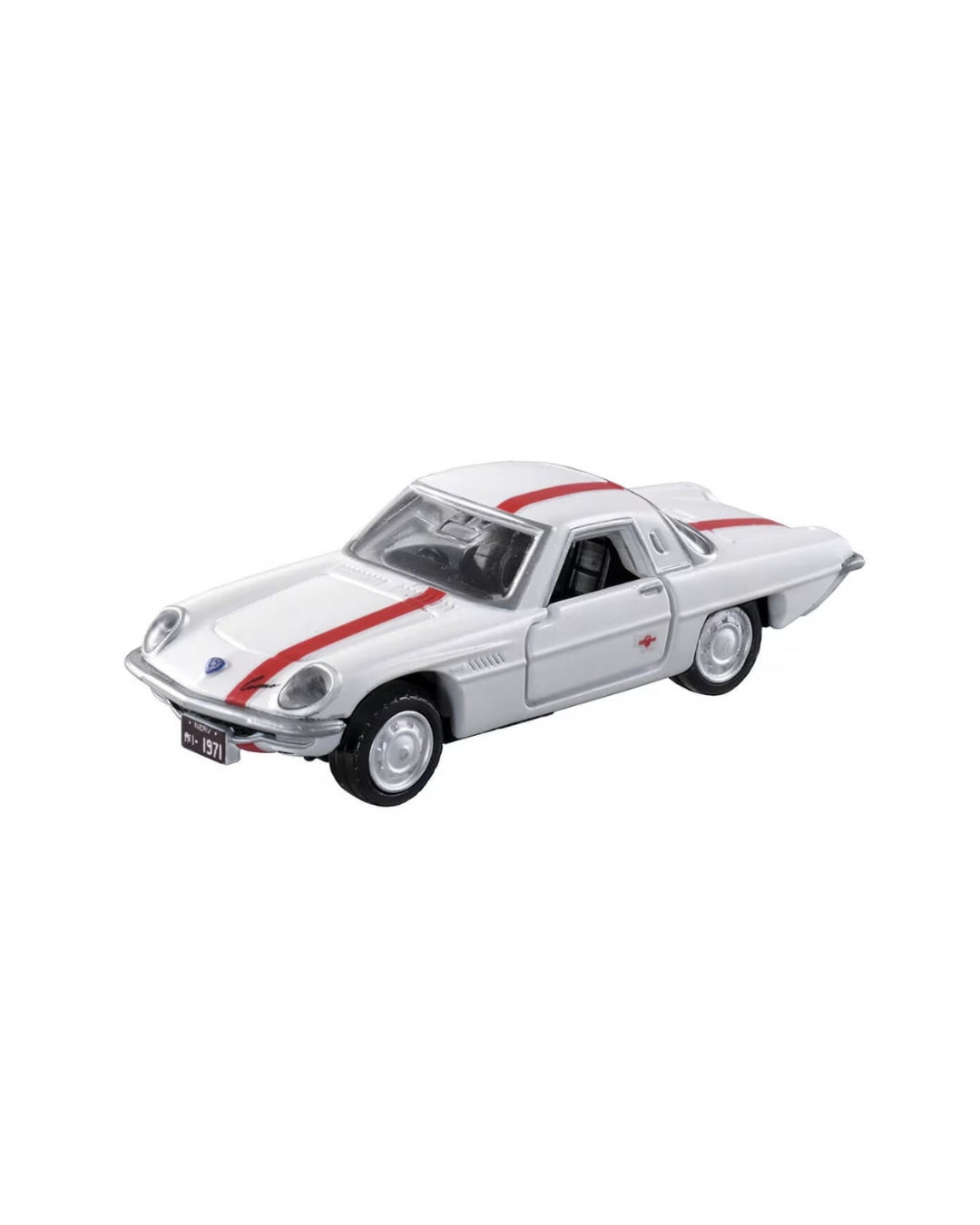 Tomica Premium Evangelion Mazda Cosmo Box Contents featuring an Evangelion Mazda Cosmo car situated on a white background. 