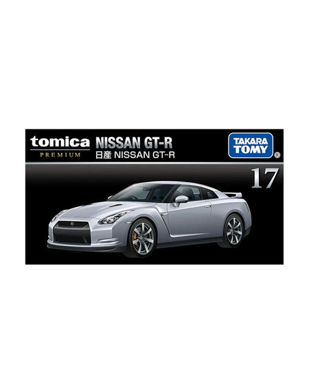 Tomica Premium Nissan GT-R model kit box, featuring a silver Nissan GT-R R35 car on a black background with the No. (17).