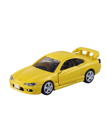 Tomica Premium Nissan Silvia S15 No. (19) Car  featuring a yellow Nissan Silvia car design on a white background.