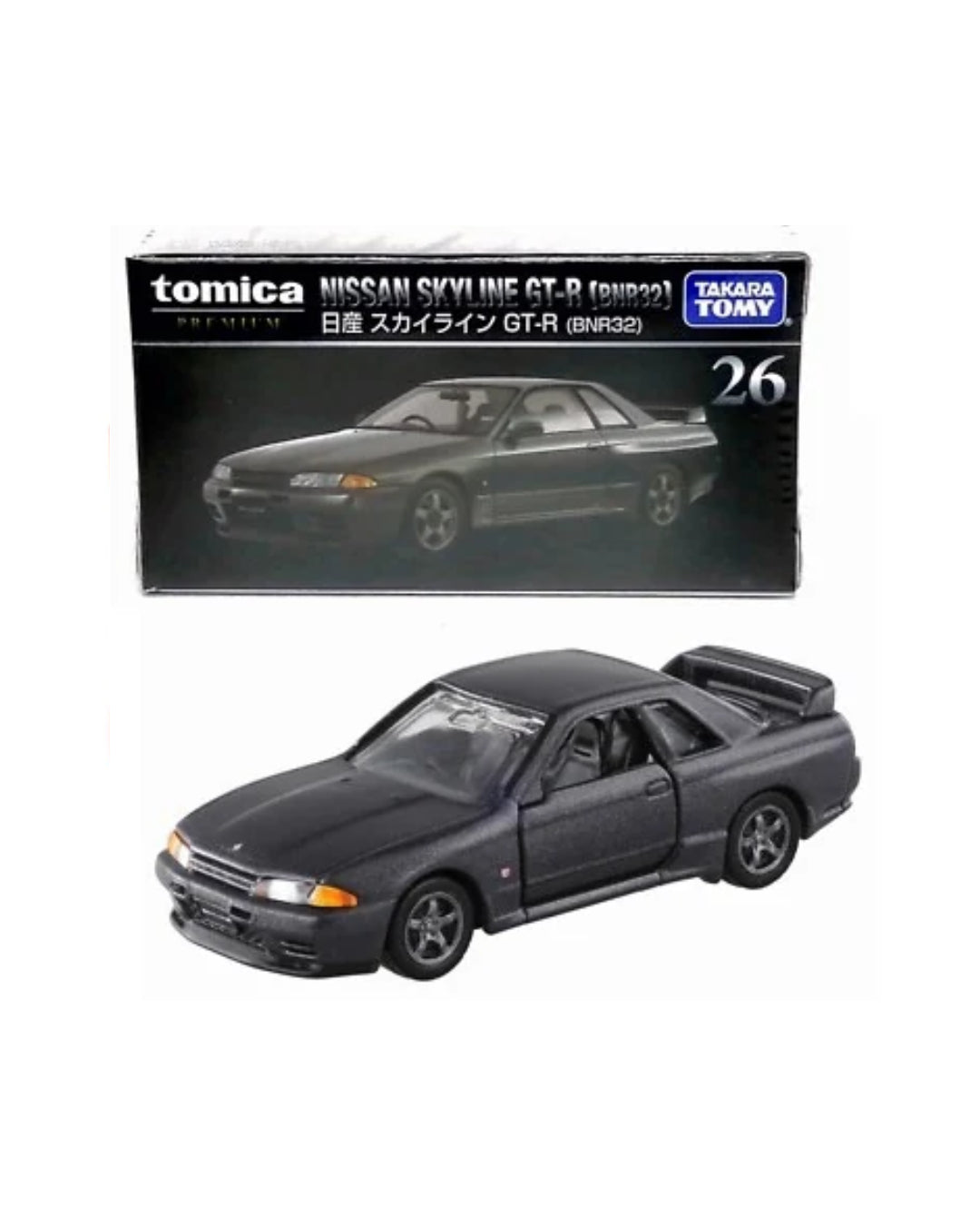Tomica Premium Takara Tomy Nissan Skyline GT-R (BNR32) 1/24 scale model car  No. (26) and its original packaging box, shown against a plain white background.