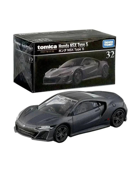 A Tomica Honda NSX Type S premium die-cast No. (32), model car in dark metallic gray, shown in front of its original black packaging box on a plain white background.