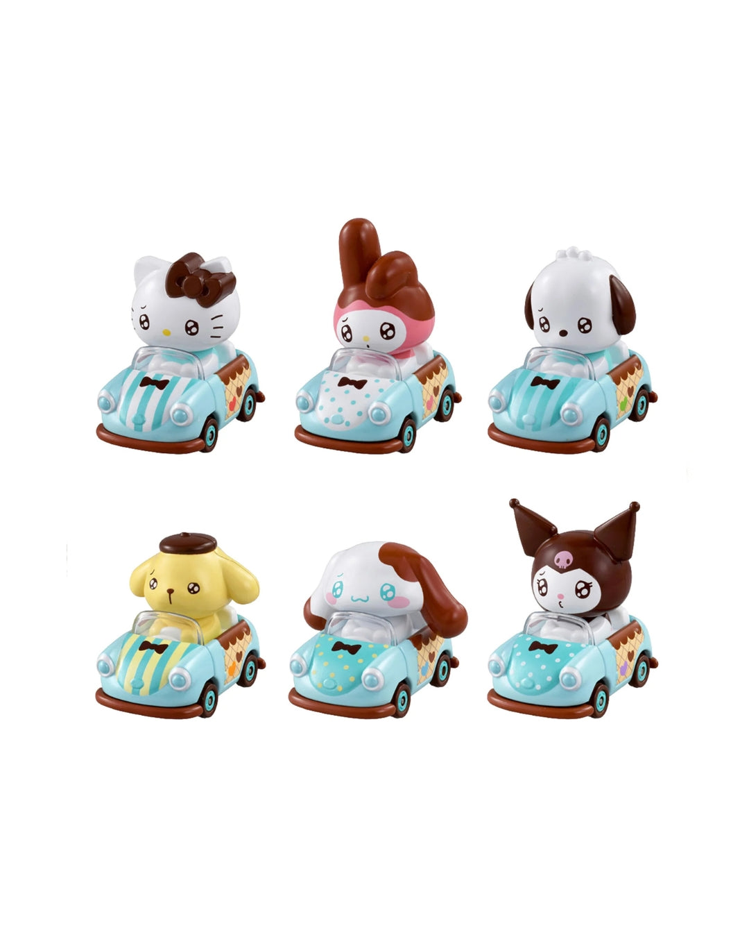 TomicaTunes Sanrio Characters Volume 2 featuring a variety Hello Kitty and Friends racing figurines with over 6 characters to collect, varying in colour and car design. 
