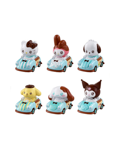 TomicaTunes Sanrio Characters Volume 2 featuring a variety Hello Kitty and Friends racing figurines with over 6 characters to collect, varying in colour and car design. 