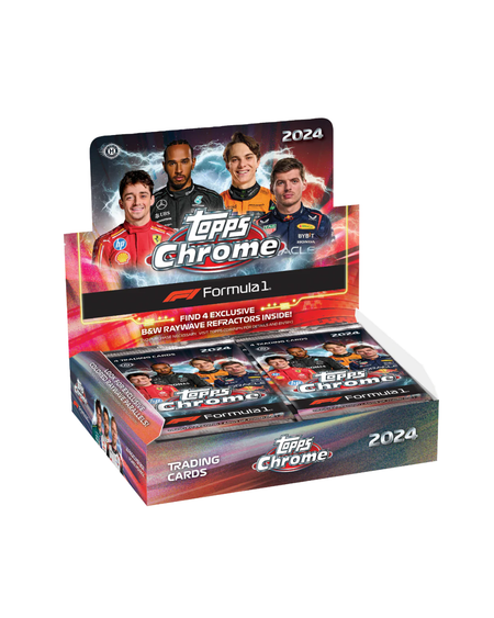 Topps Chrome Formula 1 trading card display box featuring 2024 edition packaging with multiple booster pack inserts visible inside, shown on a plain white background.