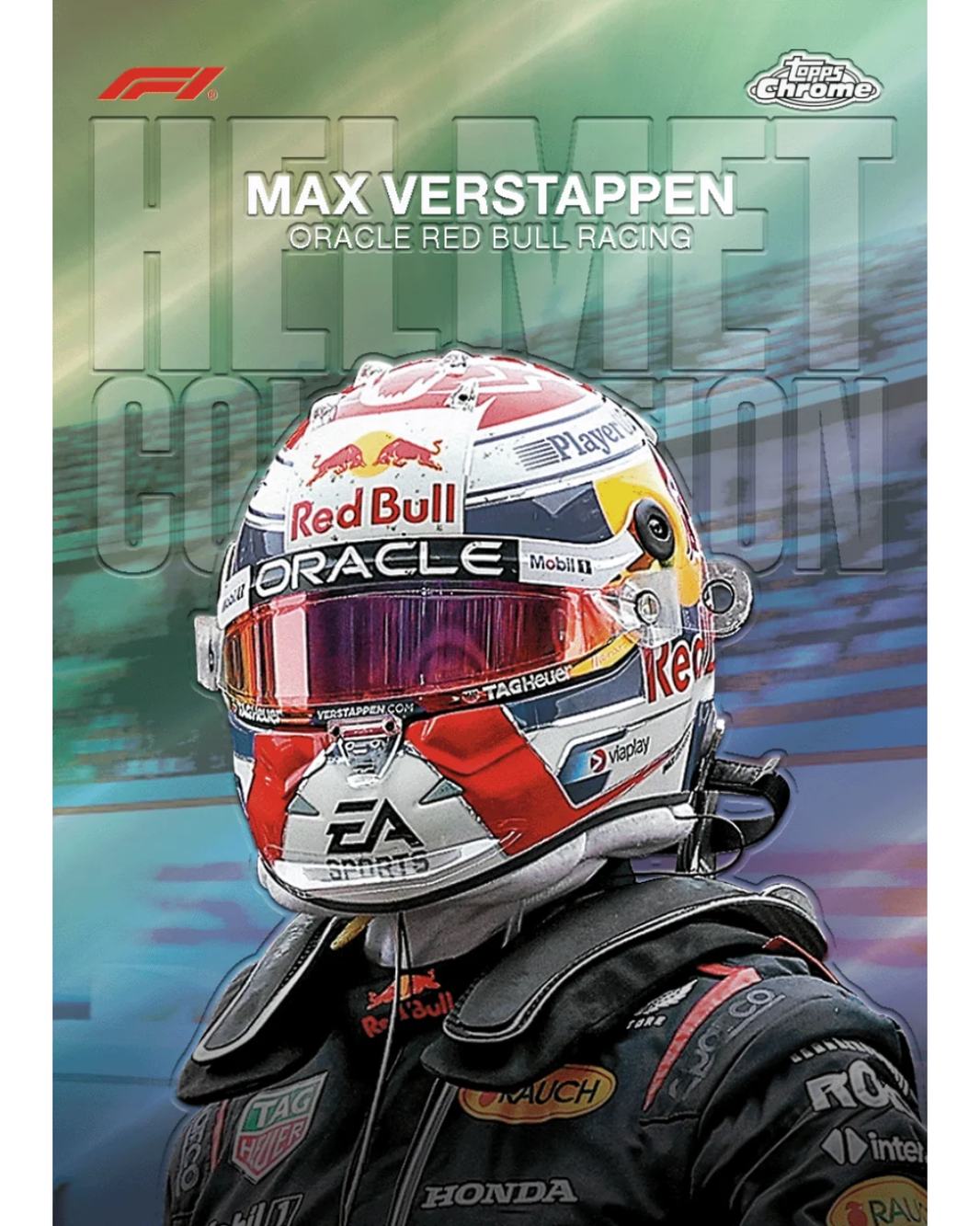 A helmet collection topps card featuring Max Verstappen from Oracle Red Bull Racing, wearing a detailed Red Bull helmet with sponsor logos like Red Bull, Oracle, TAG Heuer, and Honda. The background is a blurred racing scene in green and blue tones with the title 'MAX VERSTAPPEN ORACLE RED BULL RACING' and 'HELMET COLLECTION' printed on the cover. 
