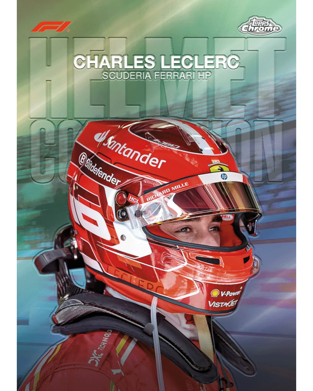 A topps card of 'Charles Leclerc Scuderia Ferrari HP' featuring a close-up photo of the driver in a red racing helmet with sponsor logos, set against a blurred green and blue racing background.