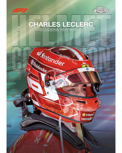 A topps card of 'Charles Leclerc Scuderia Ferrari HP' featuring a close-up photo of the driver in a red racing helmet with sponsor logos, set against a blurred green and blue racing background.