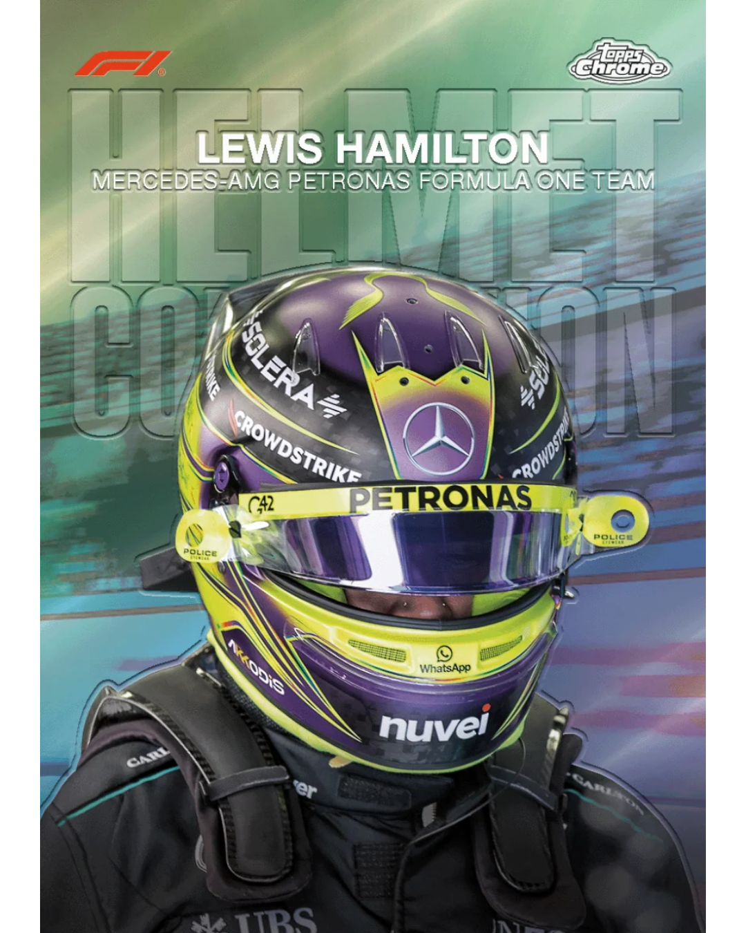 Lewis Hamilton racing helmet from the Mercedes-AMG Petronas Formula One Team, featuring a purple and neon yellow livery with sponsor logos, shown on a stylized racing background.