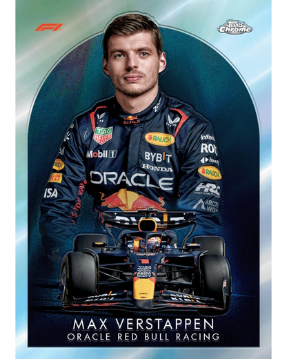 A trading card portrait of Max Verstappen from Oracle Red Bull Racing, showing him in a dark blue racing suit with sponsor logos and a Red Bull car in front, on a blue and teal graphic background with a 'Topps Chrome' emblem.