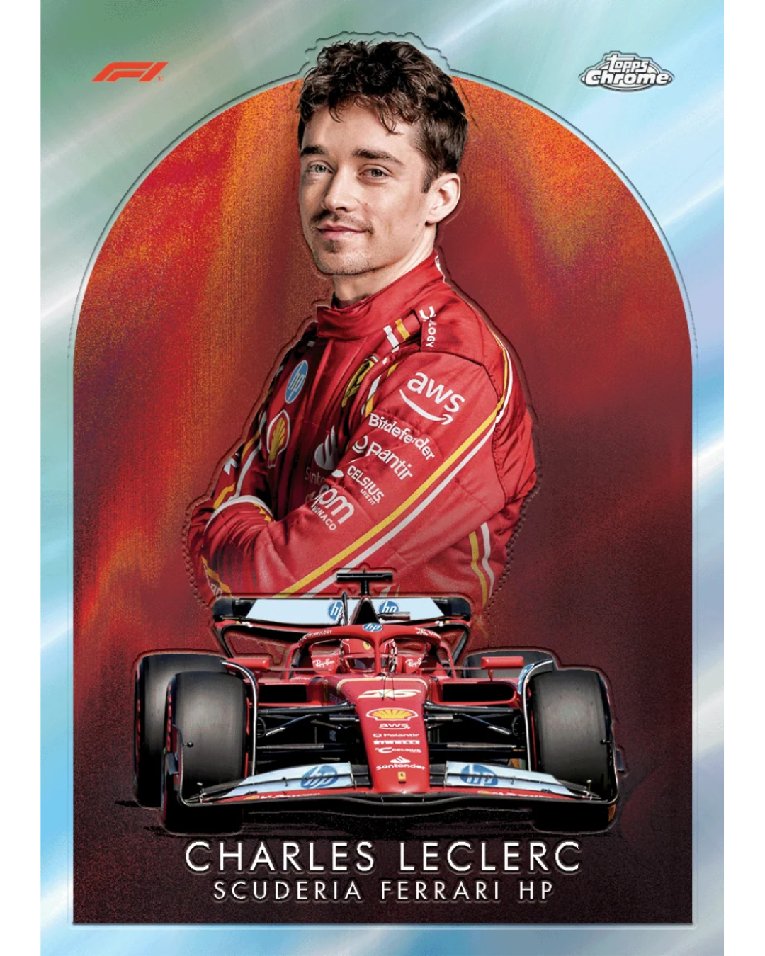 A collectible trading card featuring a stylized portrait of Formula 1 driver Charles Leclerc in his red Ferrari racing suit, with a red Ferrari F1 car at the bottom. The card has a silver-blue reflective border, an F1 logo in the top left, a Topps Chrome logo in the top right, and 'CHARLES LECLERC SCUDERIA FERRARI HP' printed at the bottom.