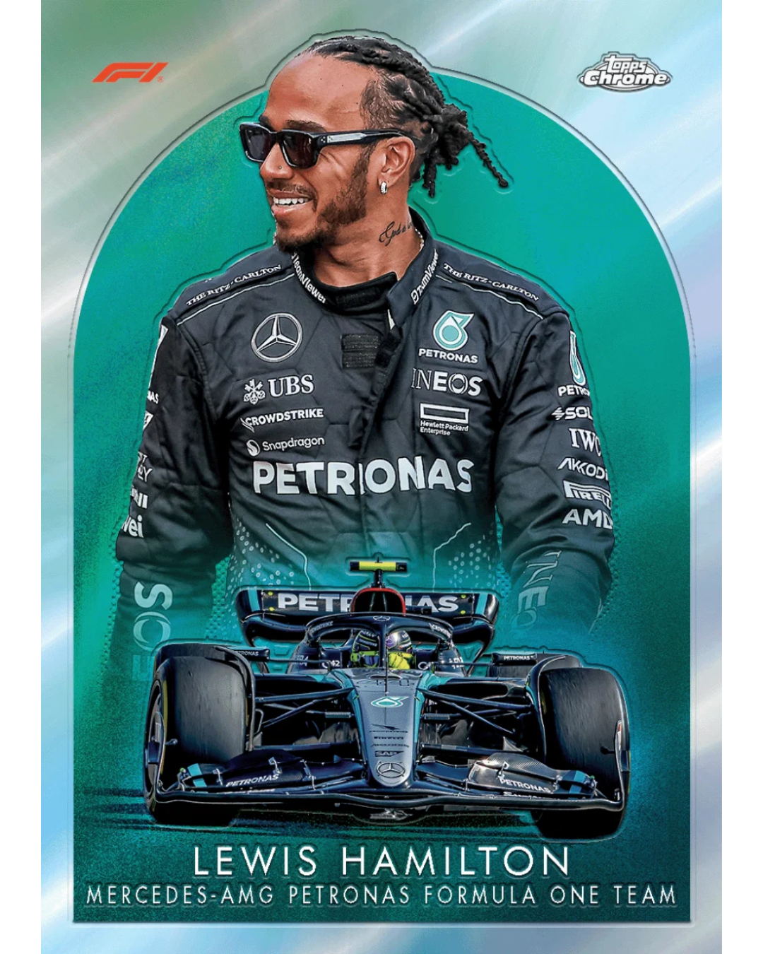 A collectible trading card featuring Lewis Hamilton in a black Mercedes racing suit with Petronas branding, wearing sunglasses and standing behind a Mercedes Formula One car. The card has a teal and light blue gradient background with the F1 logo in the top left and a Topps Chrome logo in the top right.