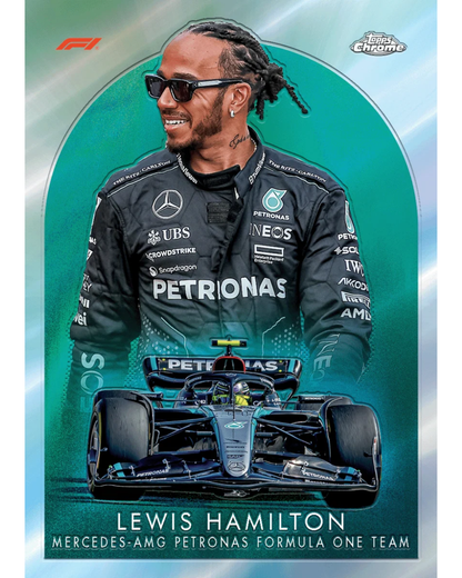 A collectible trading card featuring Lewis Hamilton in a black Mercedes racing suit with Petronas branding, wearing sunglasses and standing behind a Mercedes Formula One car. The card has a teal and light blue gradient background with the F1 logo in the top left and a Topps Chrome logo in the top right.