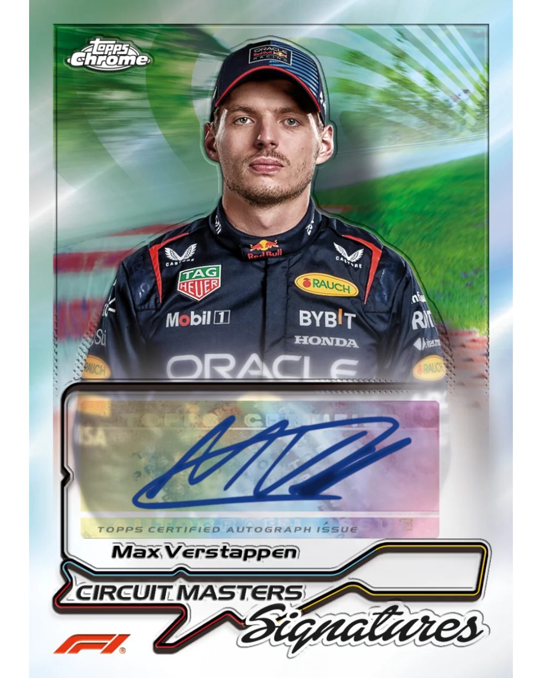 Topps Chrome Circuit Masters Signatures trading card featuring Max Verstappen with an autographed photo insert and team portrait.