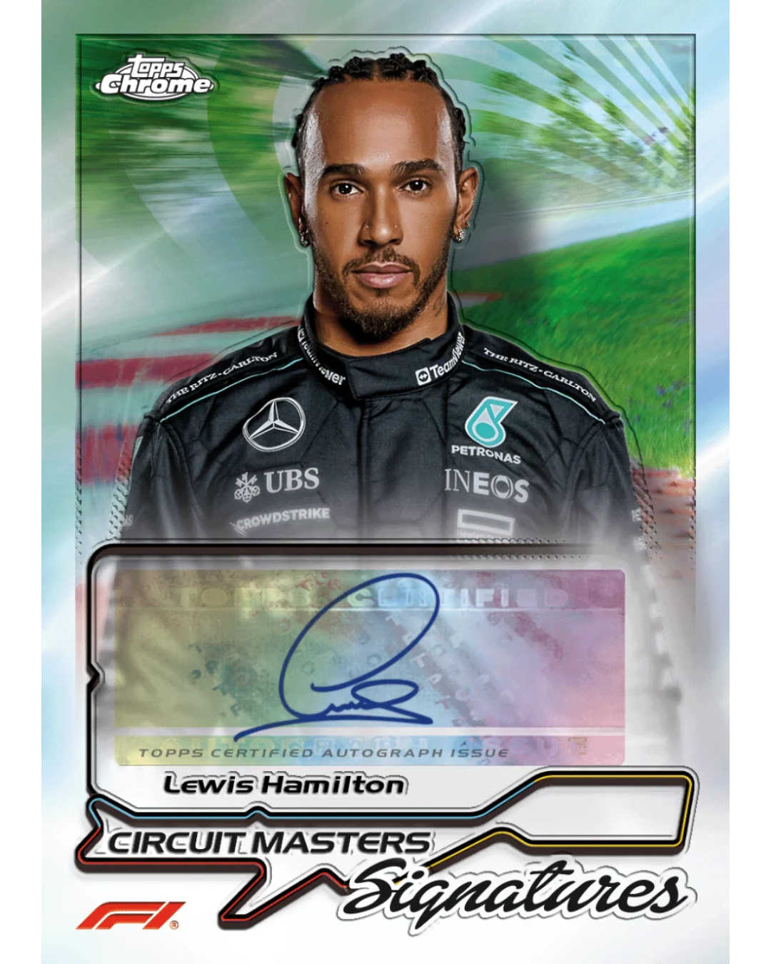 Topps Chrome Circuit Masters Signatures trading card featuring Lewis Hamilton, with a portrait, racing team jacket, and an autograph insert on a light blue and green graphic background.