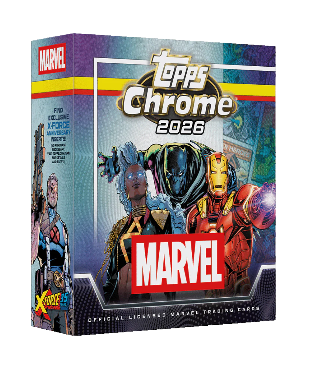 Topps Chrome 2026 Marvel trading card box, featuring colorful comic book character artwork including Iron Man, Black Panther, and Captain America on the front, with the Marvel and Topps Chrome 2026 logos prominently visible.