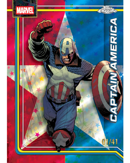 A Marvel Topps Chrome trading card featuring Captain America in a dynamic pose, with a red, white, and blue patriotic design and the text 'CAPTAIN AMERICA' and '01/41'.