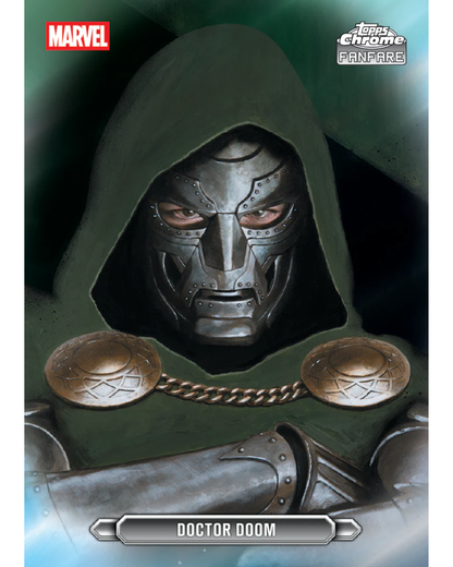 A Marvel Trading Card Game collectible card featuring Doctor Doom. The card shows a close-up illustration of Doctor Doom wearing his signature dark green hood and metallic silver mask, with his chest pieces visible.